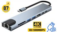Docking 8en1 USB C M - RJ45, 2xUSB, HMDI 4K, 1xTF/SD, 2x USB-C, PD