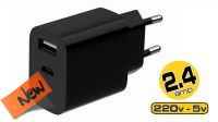 Carregador universal 1xUSB-A, 1xUSB-C 2.4A 12W preto