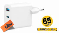 Carregador universal GaN 1xUSB-A QC 3.0 1xUSB-C PD 3.24A 65W LED branco