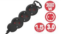 Regleta 3 tomas Schuko, sin interruptor, 3680W 1.5m Negra