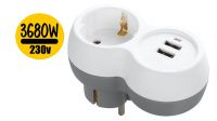 Adaptador divisor Schuko 1x M - 1x F +2x USB (2.4A) Cinza-branco