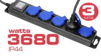 Regleta 5 tomas Schuko  IP44 con tapa y con interruptor, 3680W Negra
