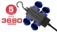 Regleta 4 tomas schuko IP44 con tapa, gancho e interruptor, 3680W Negra,