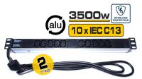 Regleta 19" 10 tomas SFO (IEC C13), sin interruptor, 3500W 2m aluminio Negra