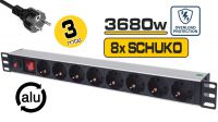 Regleta 19" 8 tomas Schuko, con interruptor, 3500W 3m aluminio Negra, 250V prot. sobretensiones