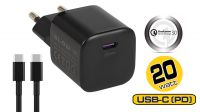 Carregador universal 110-240V 1x USB-C 20W com cabo USB-C preto