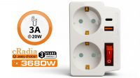 Adaptador divisor Schuko 1xM a 2xF 16A 2xUSB A+C con interruptor Blanco