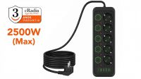 Regla cRadia 5 tomas schuko con interrruptores individuales, 4x USB-A, 1XUSB-C 5m.