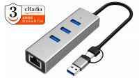 Adaptador cRadia USB 3.0/TypeC a RJ45 Giga + Hub USB 3.0 3p. Negro