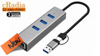 Adaptador cRadia USB 3.0/TypeC a RJ45 Giga + Hub USB 3.0 3p. Negro