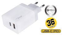 Transformador USB 110-240V QC3.0, 1xUSB+USB-C, PD3.0, 5-12V, Máx.36W, 3A branco