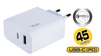 Transformador 110-240V QC3.0 1xUSB+USB-C, PD3.0, 5-20V, Max.45W, 3A branco