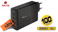 Cargador USB QC 3.0  100W  2 x USB-C + 2 x USB-A  Negro para portátil/tablet