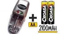 Carregador pilhas AA/AAA compacto com 2 pilhas recarregáveis AA 2100mAh cinza