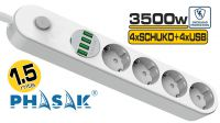 Regleta PHASAK 4 tomas Schuko, 4 USB 3.4A, con interruptor, 3500W, con protección