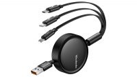 Cable adaptador retráctil 3 en 1 USB-A M a USB-C Lightning Micro B Max. 3.5A Negro 1.2m