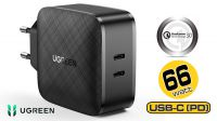 Carregador Ugreen CD216 100-240V 2XTipo C  5-20V PD66W PD2.0, QC3.0  negro